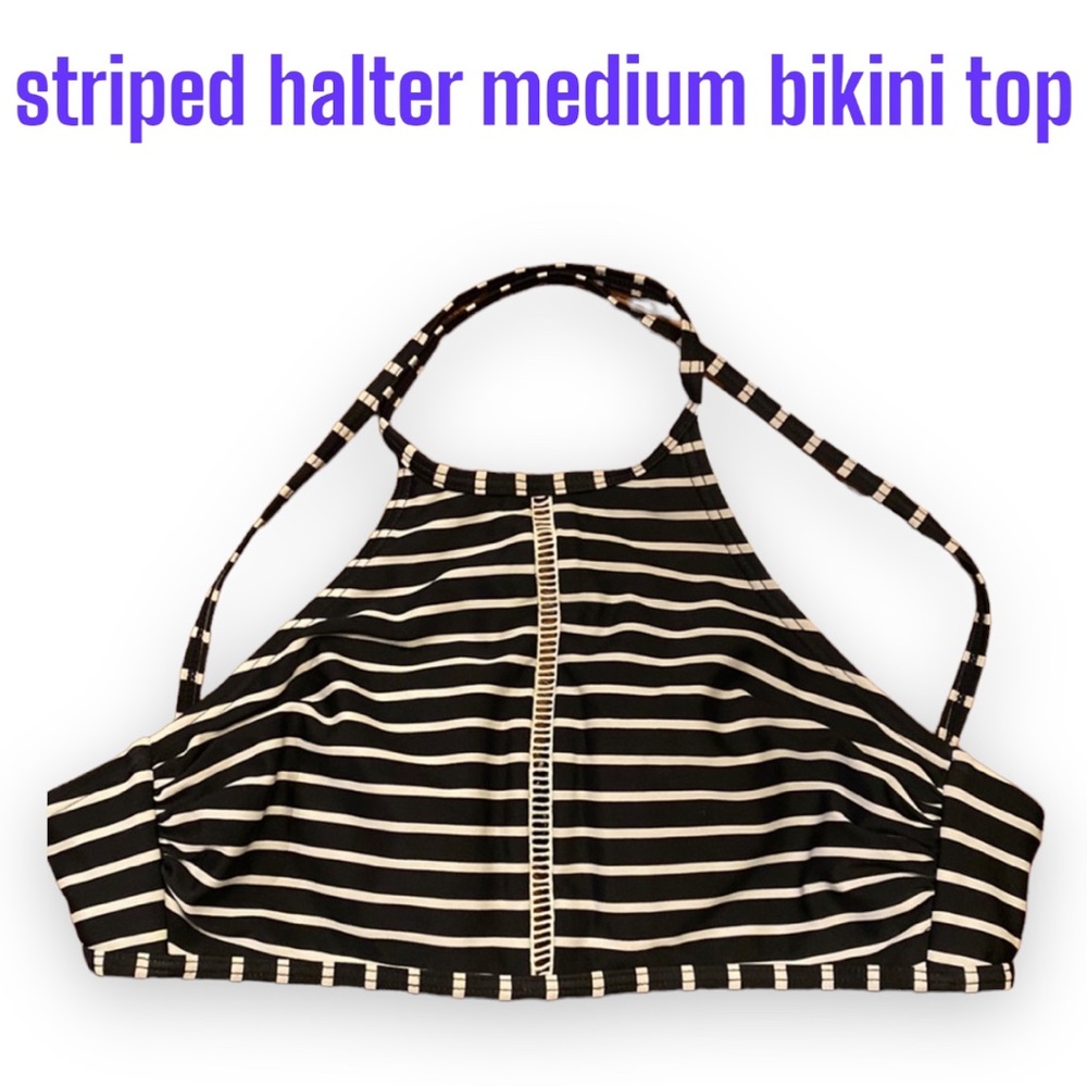 3/$30* Medium Halter Bikini Top Boning Support Black White Striped Modest Front